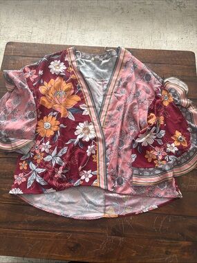 Umgee Floral Patchwork Kimono Top in Pink & Burgundy with Mustard Accents